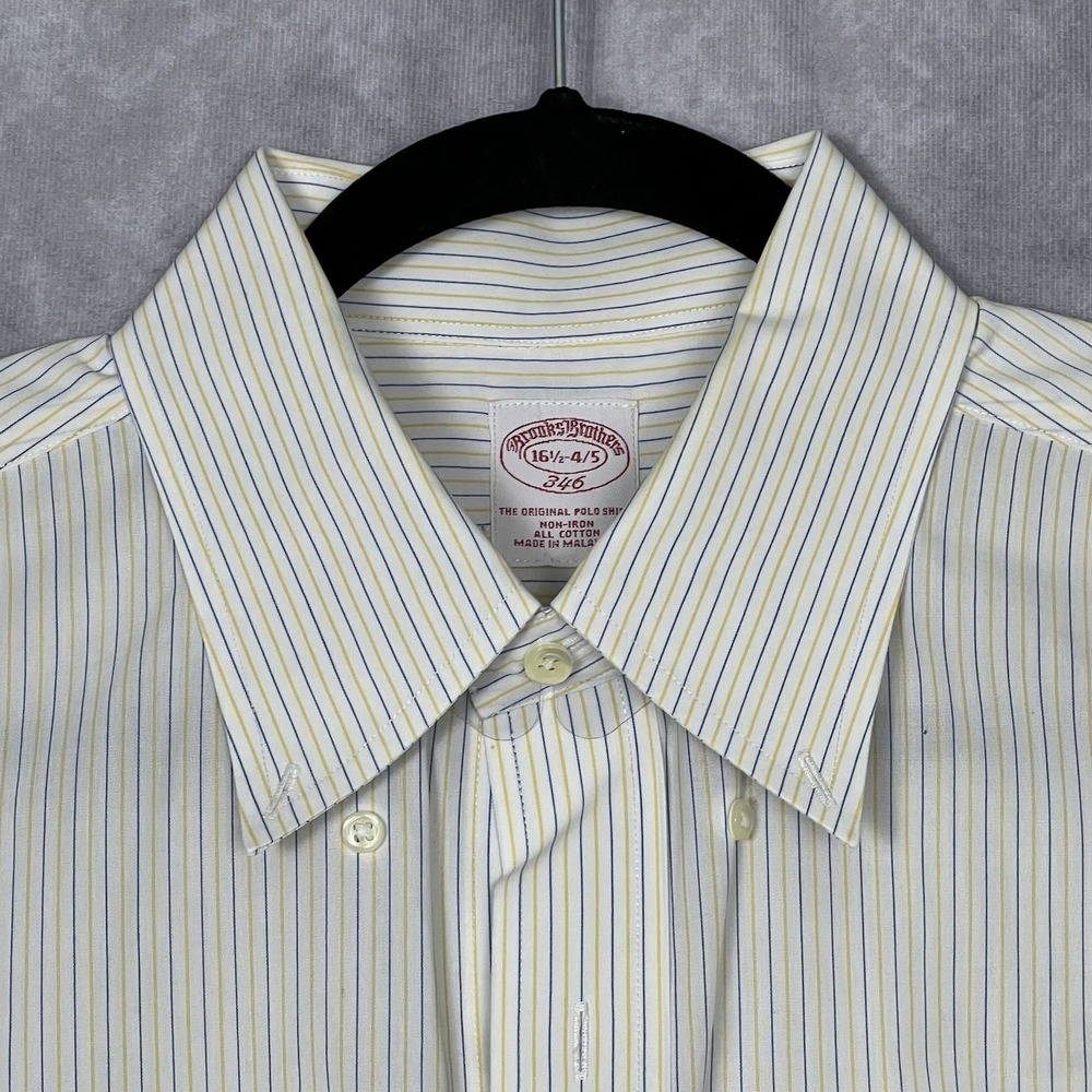 Brooks Brothers 346 Men's Polo Shirt 16 1/2 Yellow Blue Stripe Non-Iron Cotton